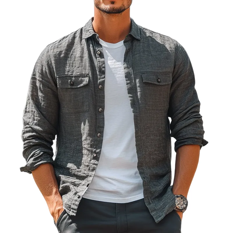 Men's Casual Skin-friendly Dark Gray Cotton and Linen Long-sleeved Shirt 01392376U sold by Manly