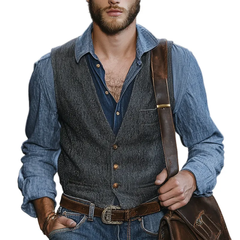 Men's Vintage Dark Grey Blended V-Neck Three-Button Slim Vest 65398648U sold by Manly