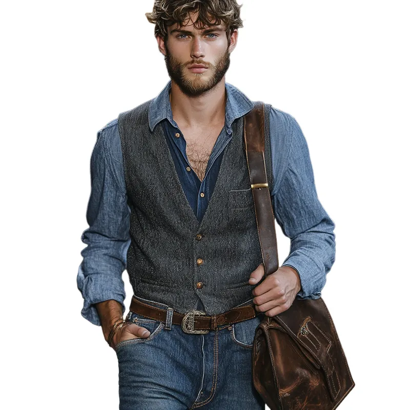 Men's Vintage Dark Grey Blended V-Neck Three-Button Slim Vest 65398648U sold by Manly product image thumbnail 3