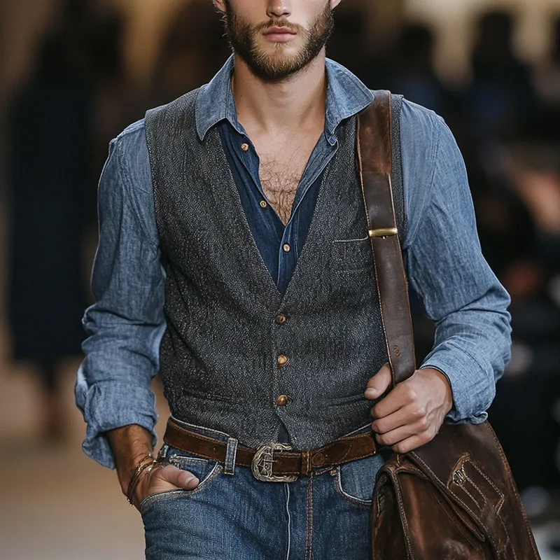 Men's Vintage Dark Grey Blended V-Neck Three-Button Slim Vest 65398648U sold by Manly product image thumbnail 2