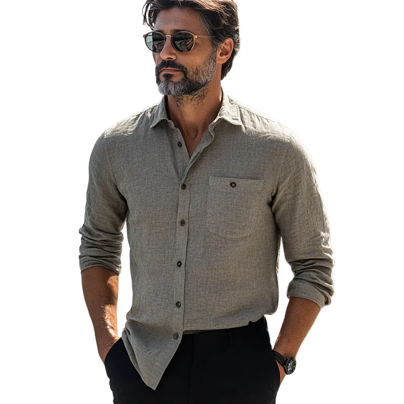 Men's Casual Skin-friendly Gray Cotton and Linen Long-sleeved Shirt 73095019U sold by Manly product image thumbnail 3
