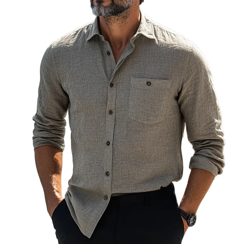 Men's Casual Skin-friendly Gray Cotton and Linen Long-sleeved Shirt 73095019U sold by Manly