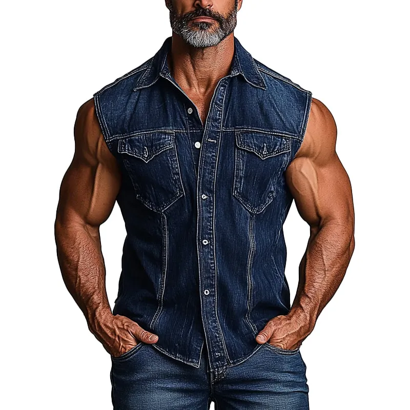Men's Vintage Washed Lapel Denim Vest 84226341X sold by Manly