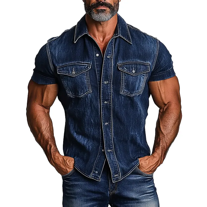 Men's Vintage Lapel Short Sleeve Denim Shirt 41767708X sold by Manly