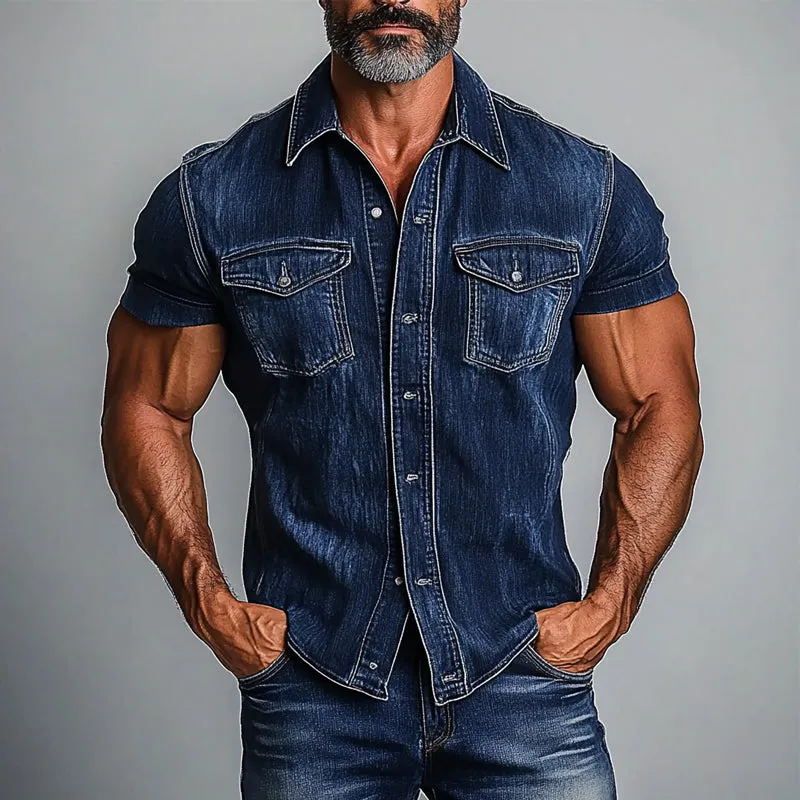 Men's Vintage Lapel Short Sleeve Denim Shirt 41767708X sold by Manly product image thumbnail 2