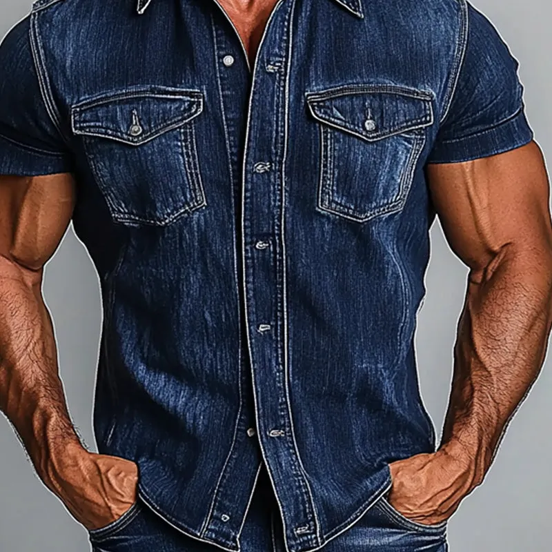 Men's Vintage Lapel Short Sleeve Denim Shirt 41767708X sold by Manly product image thumbnail 3