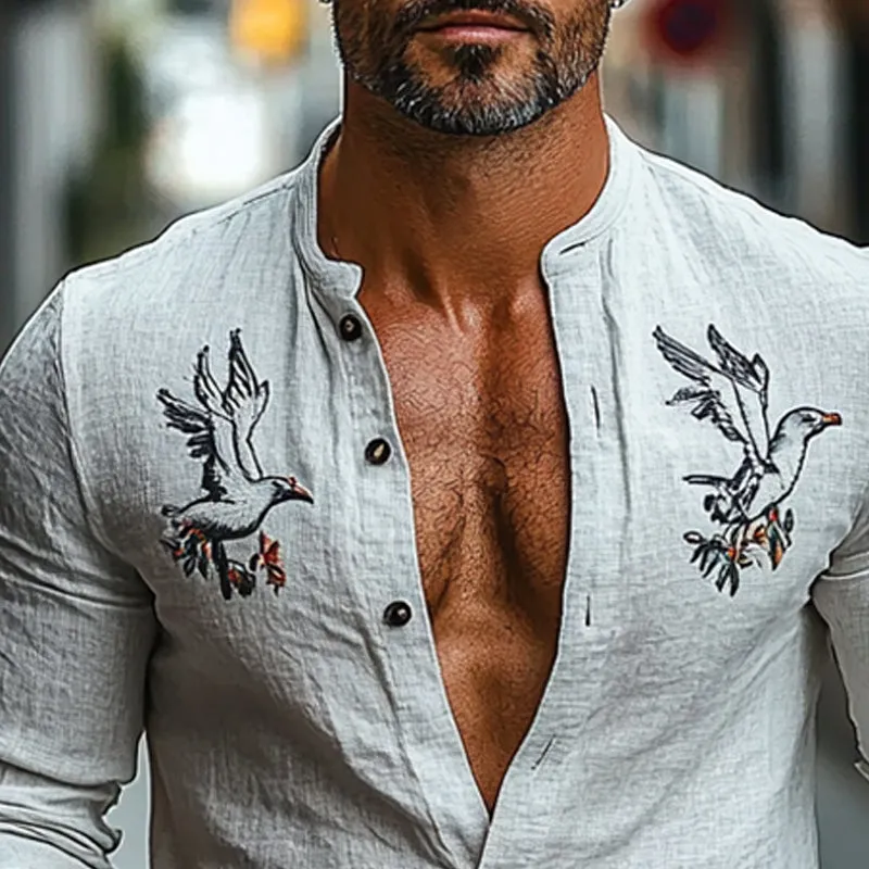 Men's Cotton and Linen Embroidered Round Neck Long Sleeve Shirt 12173452X sold by Manly product image thumbnail 3