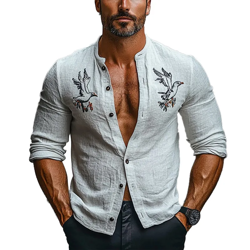 Men's Cotton and Linen Embroidered Round Neck Long Sleeve Shirt 12173452X sold by Manly
