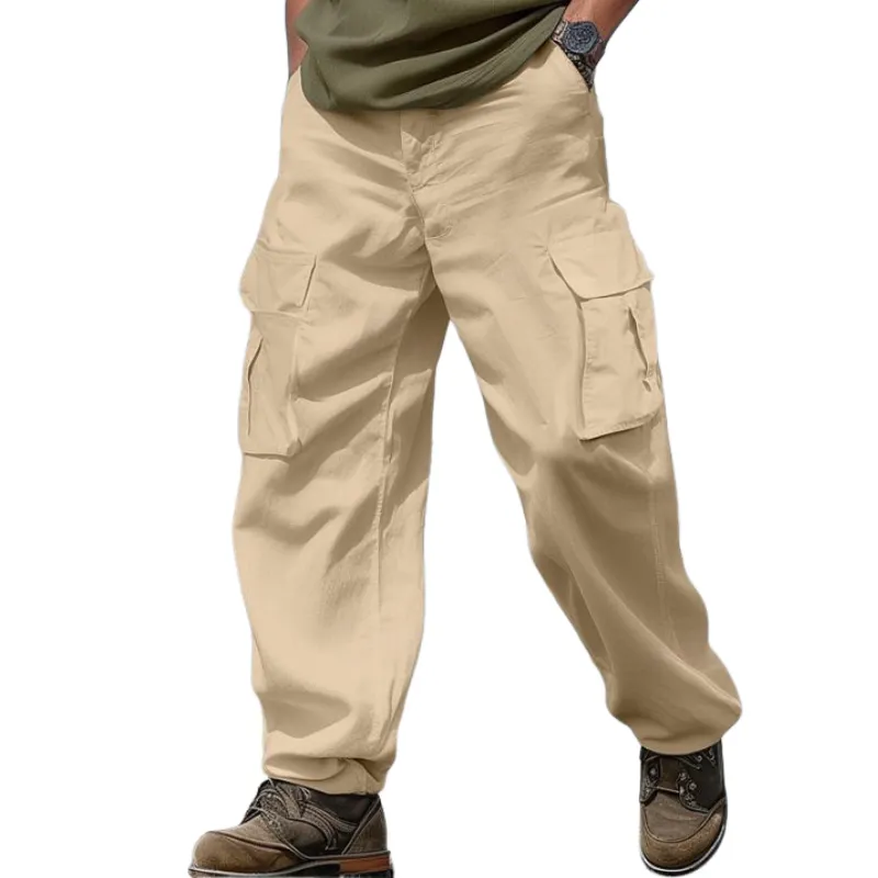 Men's Casual Cotton Linen Loose Multi-pocket Cargo Pants 21896585M sold by Manly