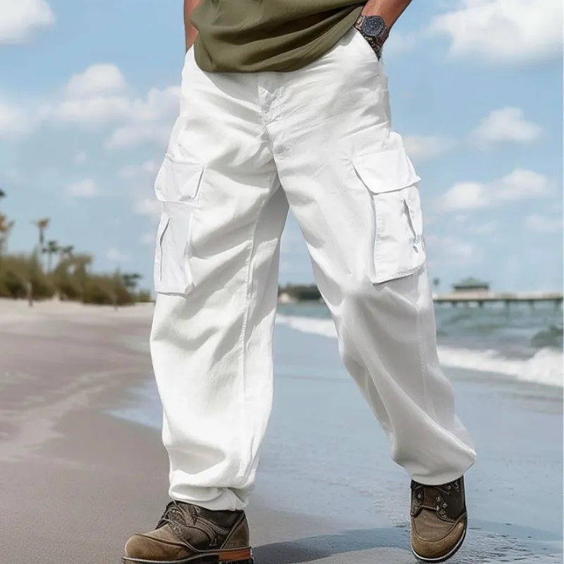 Men's Casual Cotton Linen Loose Multi-pocket Cargo Pants 21896585M sold by Manly product image thumbnail 4
