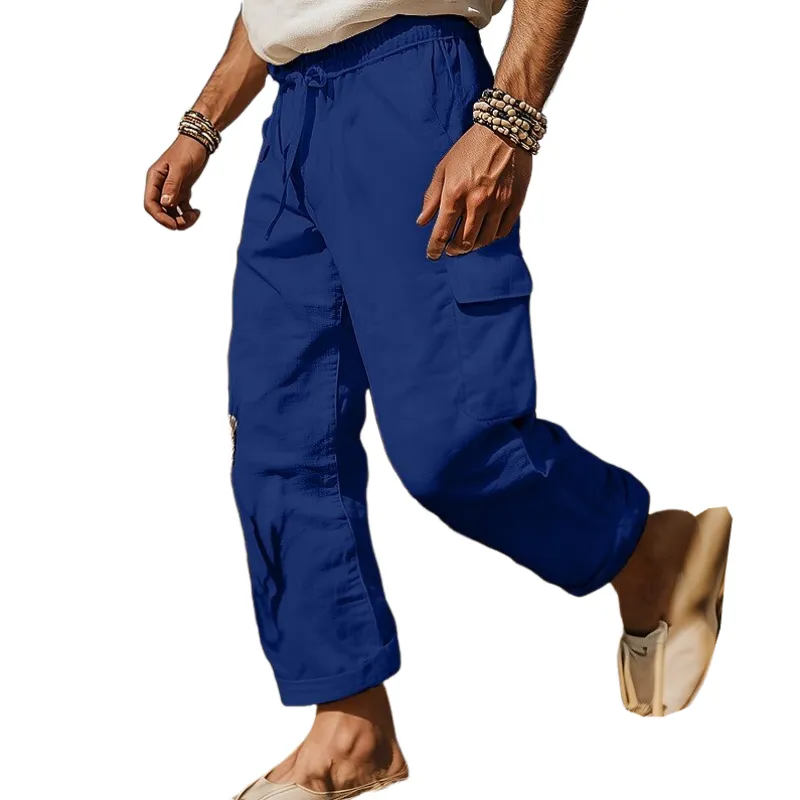 Men's Casual Cotton Linen Elastic Waist Loose Multi-pocket Pants 10736185M sold by Manly