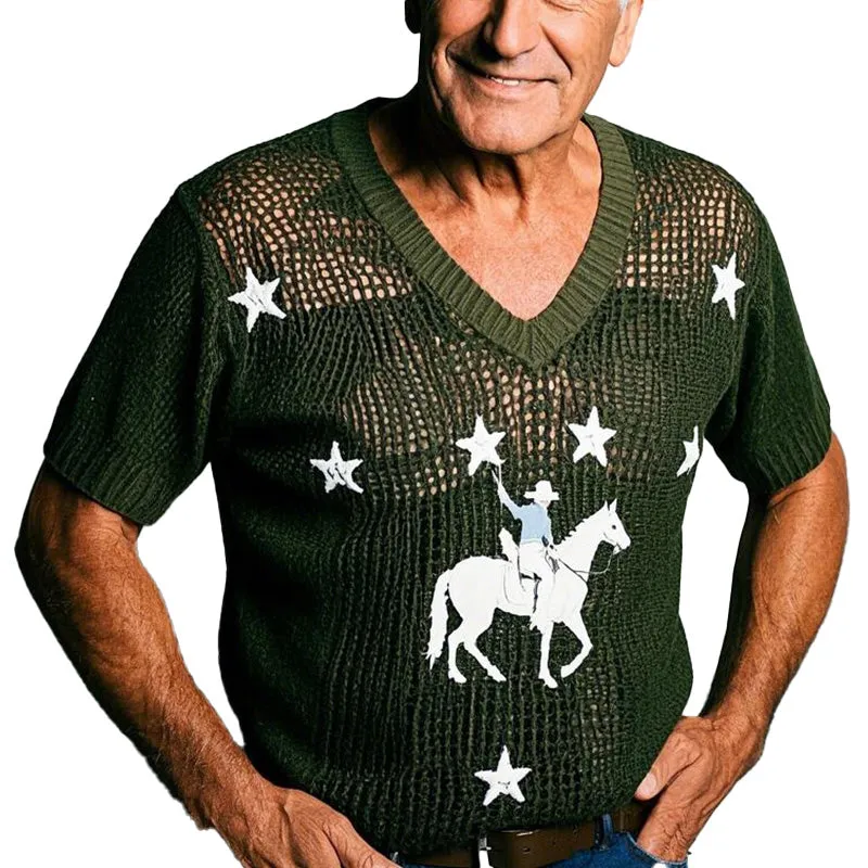 Men's casual military green printed knitted hollow T-shirt 55831185P sold by Manly