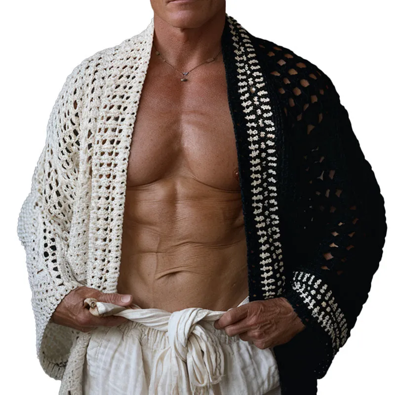 Men's contrast pattern woolen hollow long sleeve cardigan 60522616P sold by Manly