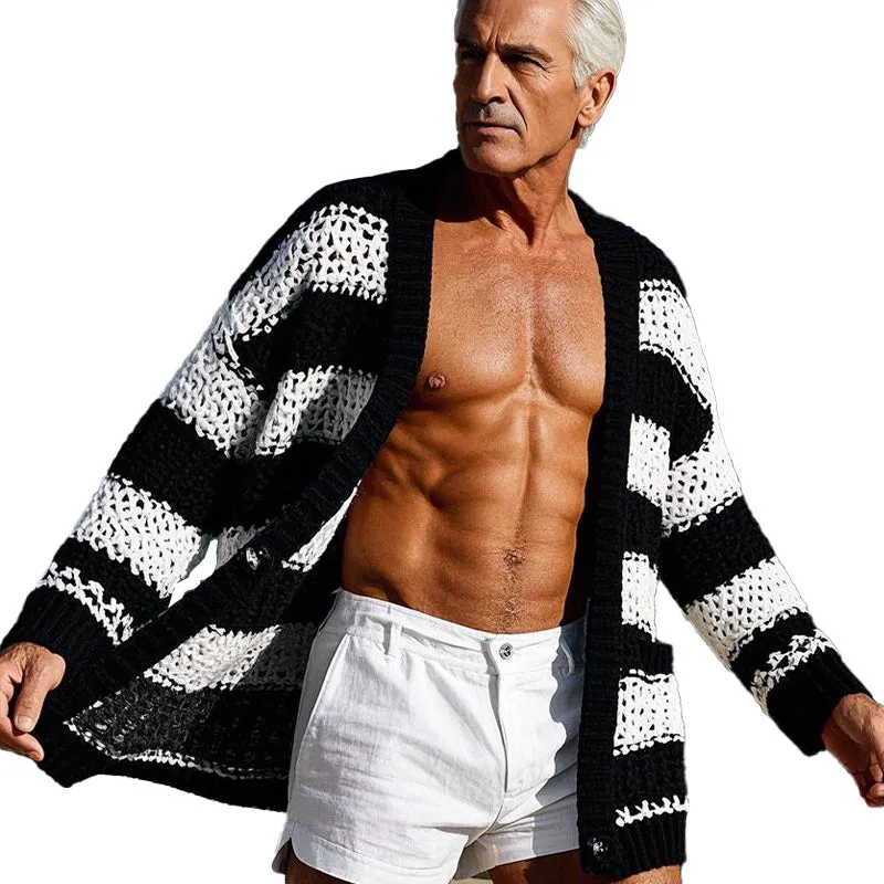 Men's woolen hollow contrast color long sleeve cardigan 96045685P sold by Manly