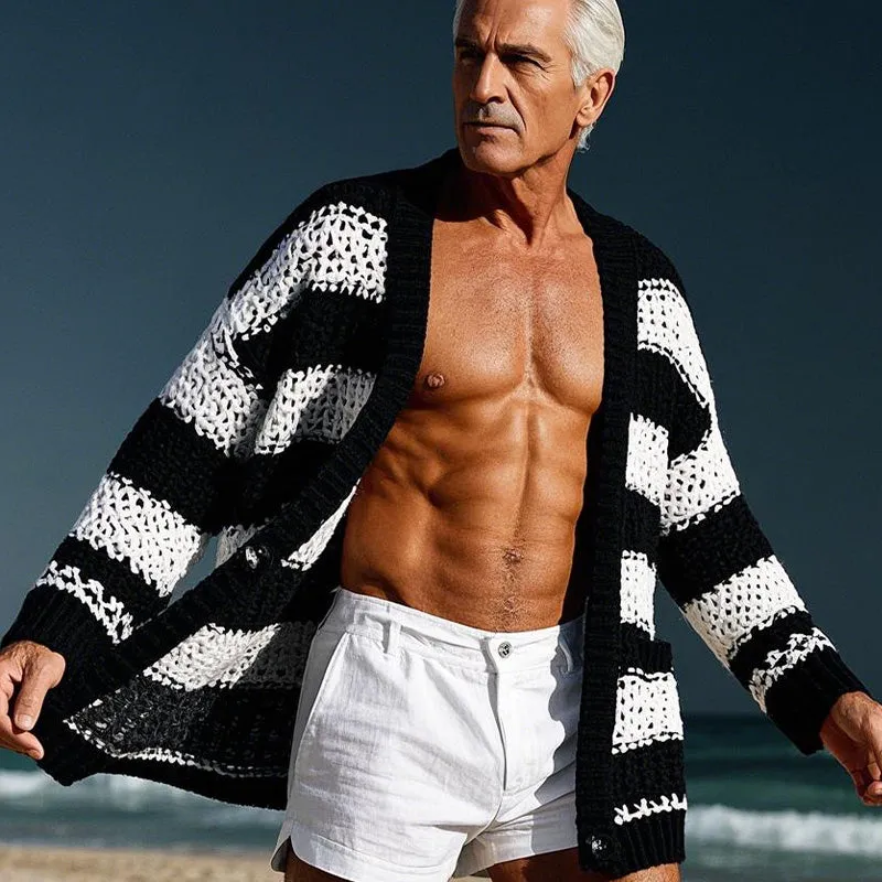 Men's woolen hollow contrast color long sleeve cardigan 96045685P sold by Manly product image thumbnail 2