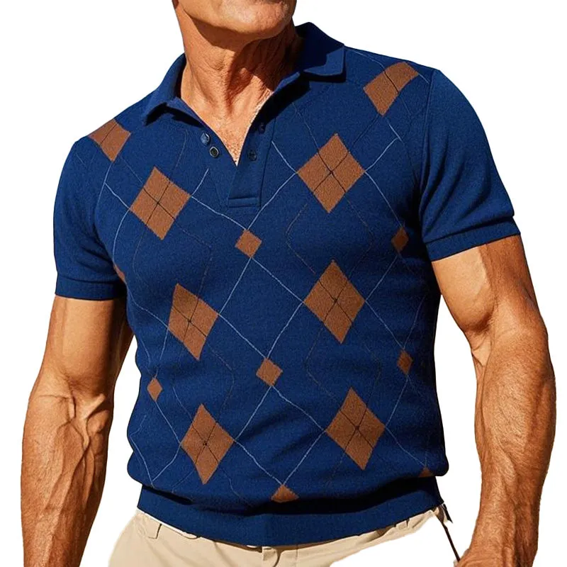 Men's navy blue diamond pattern knitted short-sleeved polo shirt 18726101P sold by Manly