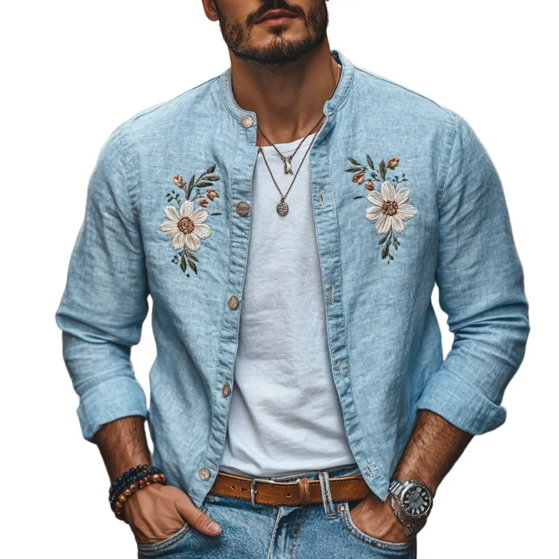 Men's Casual Linen Floral Embroidery Stand Collar Slim Fit Long Sleeve Shirt 97187416M sold by Manly