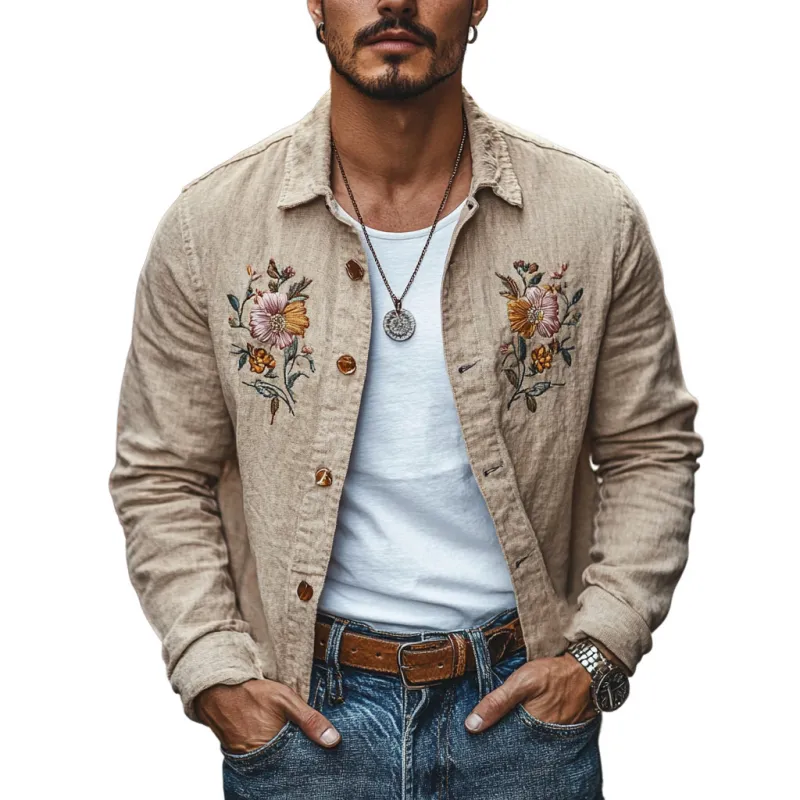 Men's Casual Linen Floral Embroidery Lapel Loose Long Sleeve Shirt 19983181M sold by Manly