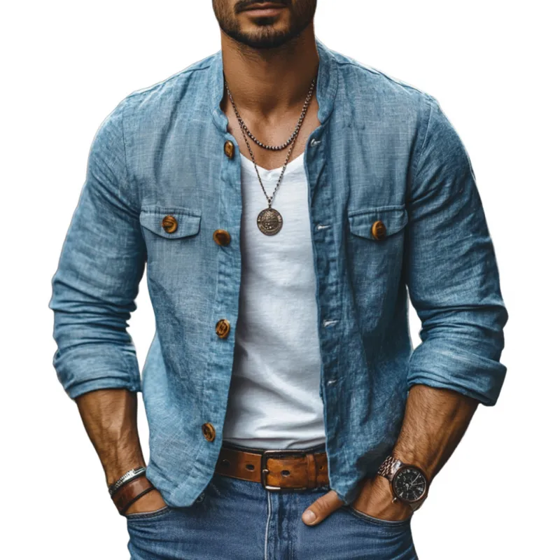 Men's Casual Linen Chest Pocket Stand Collar Slim Fit Long Sleeve Shirt 63662751M sold by Manly