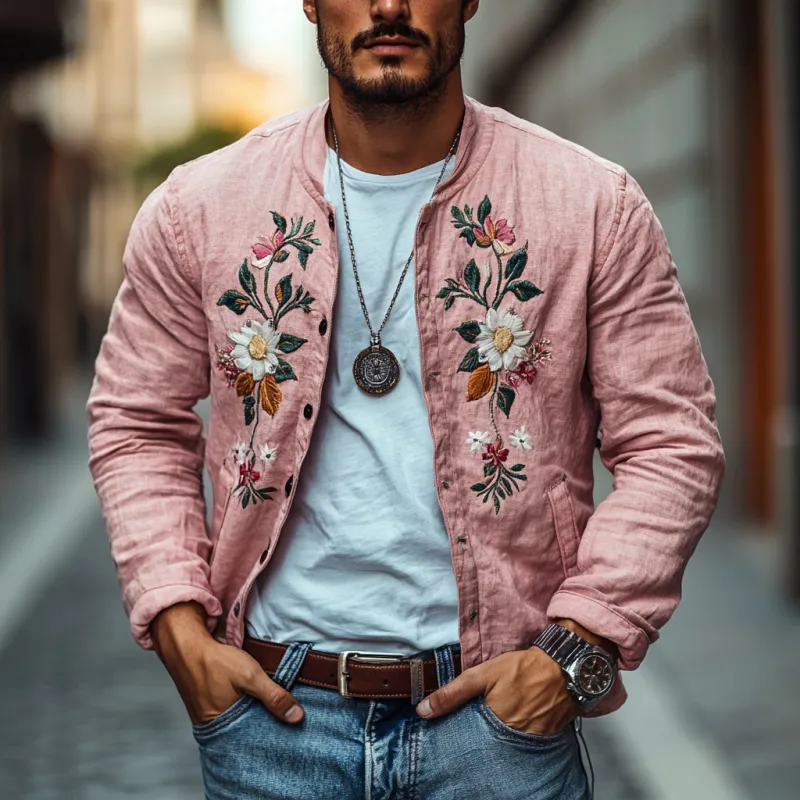 Men's Casual Linen Floral Embroidered Stand Collar Single Breasted Slim Fit Jacket 82573139M sold by Manly product image thumbnail 2
