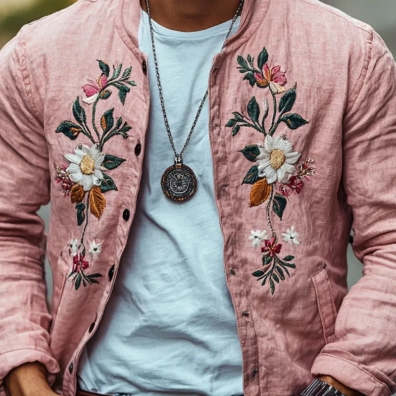 Men's Casual Linen Floral Embroidered Stand Collar Single Breasted Slim Fit Jacket 82573139M sold by Manly product image thumbnail 3