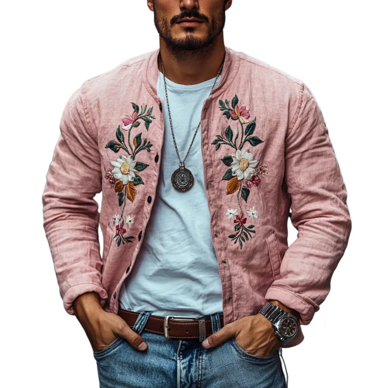 Men's Casual Linen Floral Embroidered Stand Collar Single Breasted Slim Fit Jacket 82573139M sold by Manly