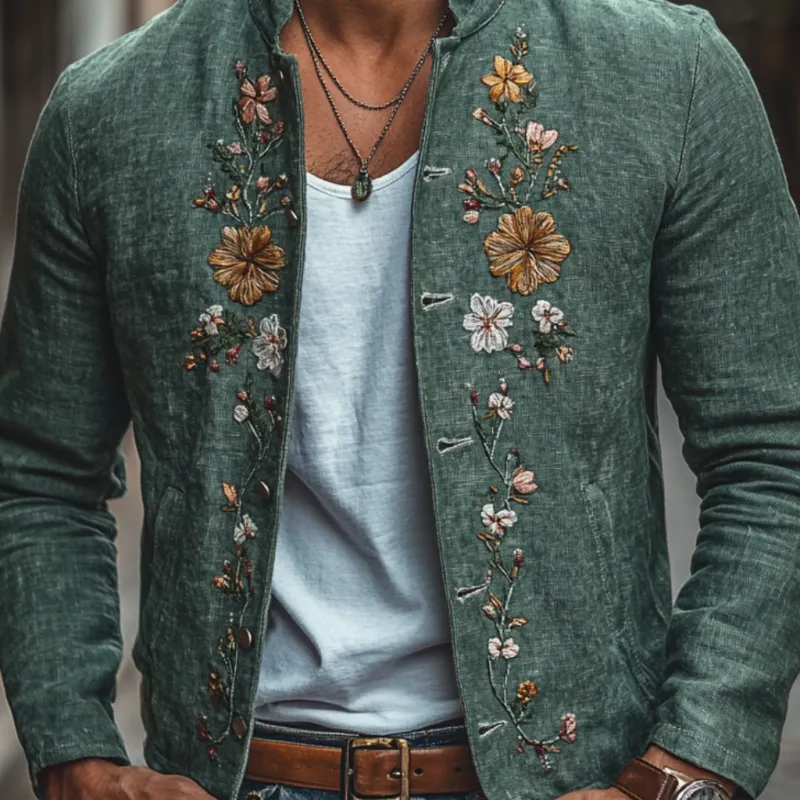 Men's Casual Linen Floral Embroidered Stand Collar Single Breasted Slim Fit Jacket 44567623M sold by Manly product image thumbnail 3