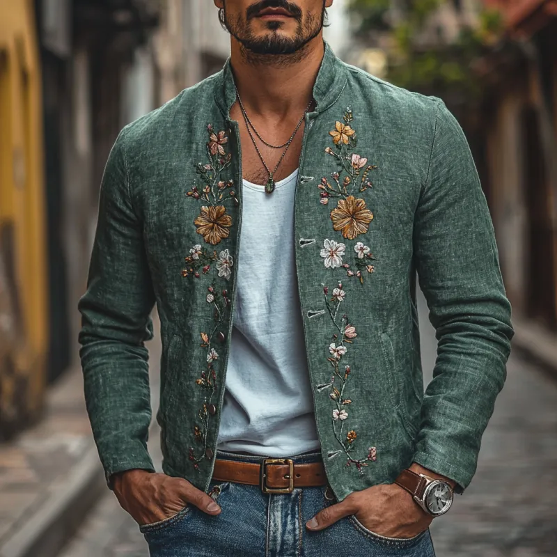 Men's Casual Linen Floral Embroidered Stand Collar Single Breasted Slim Fit Jacket 44567623M sold by Manly product image thumbnail 2