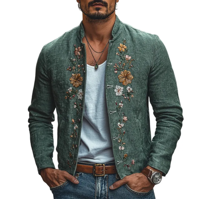 Men's Casual Linen Floral Embroidered Stand Collar Single Breasted Slim Fit Jacket 44567623M sold by Manly