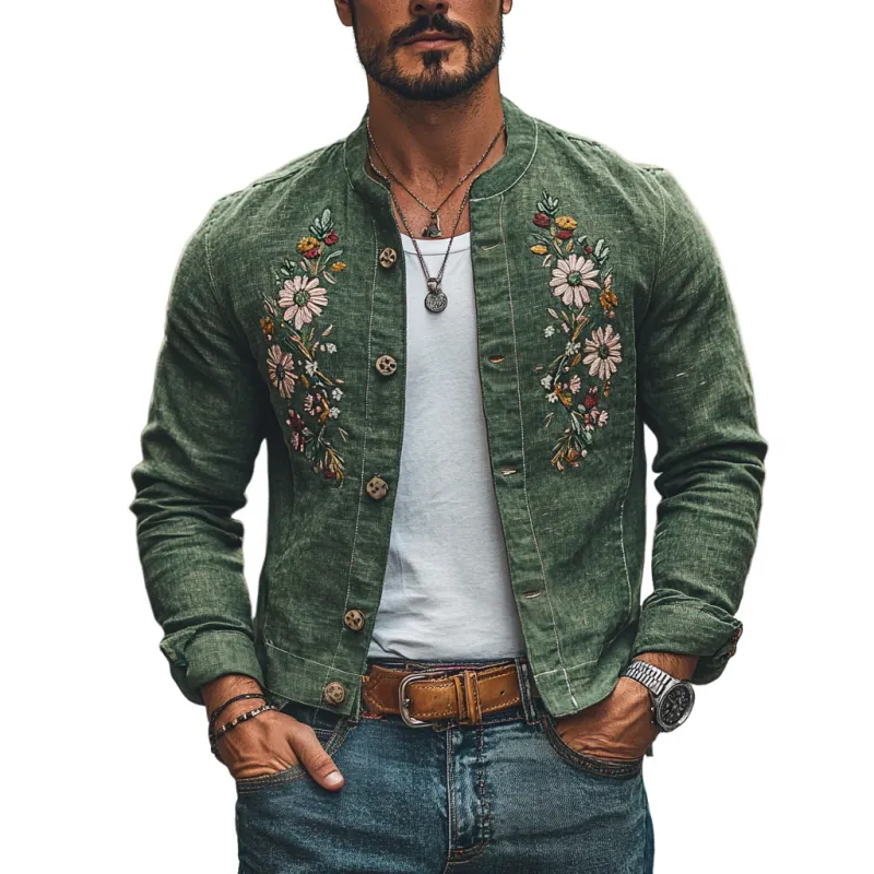 Men's Casual Linen Floral Embroidery Round Neck Single Breasted Slim Fit Jacket 19999837M sold by Manly