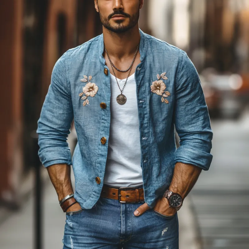 Men's Casual Linen Floral Embroidery Stand Collar Slim Fit Long Sleeve Shirt 87111537M sold by Manly product image thumbnail 3