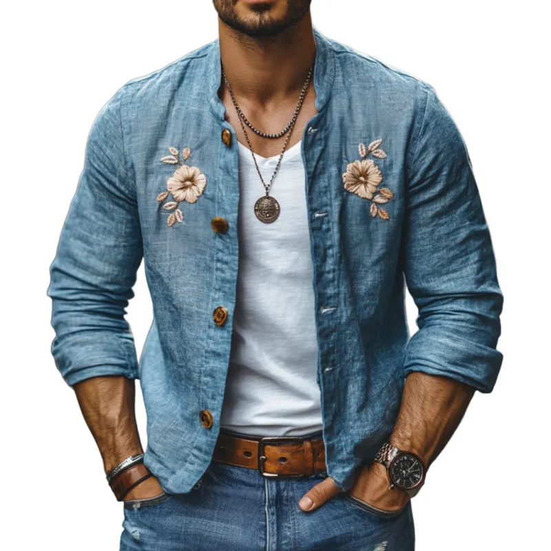 Men's Casual Linen Floral Embroidery Stand Collar Slim Fit Long Sleeve Shirt 87111537M sold by Manly