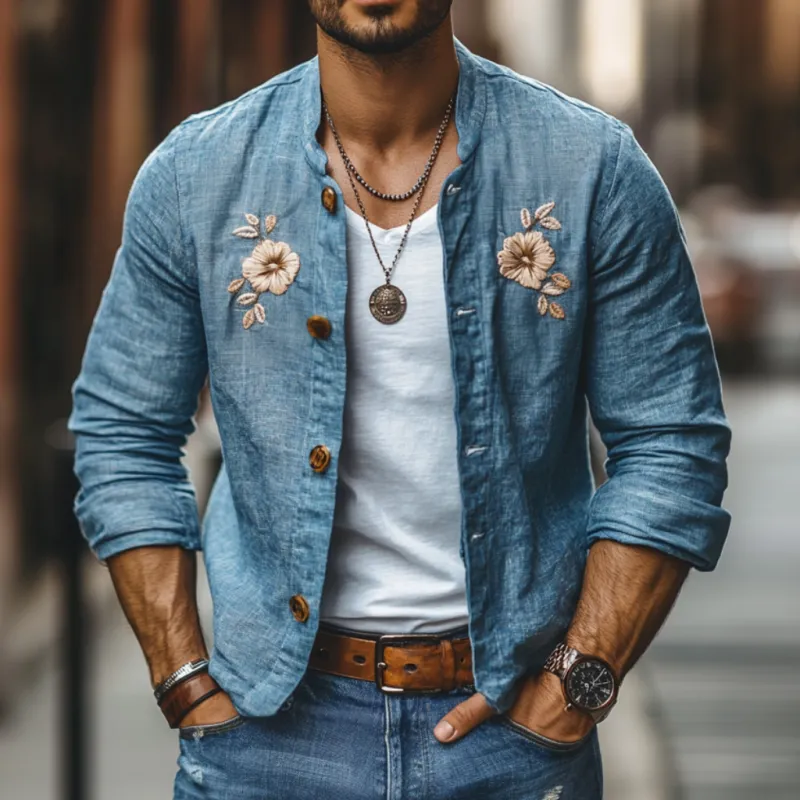 Men's Casual Linen Floral Embroidery Stand Collar Slim Fit Long Sleeve Shirt 87111537M sold by Manly product image thumbnail 2