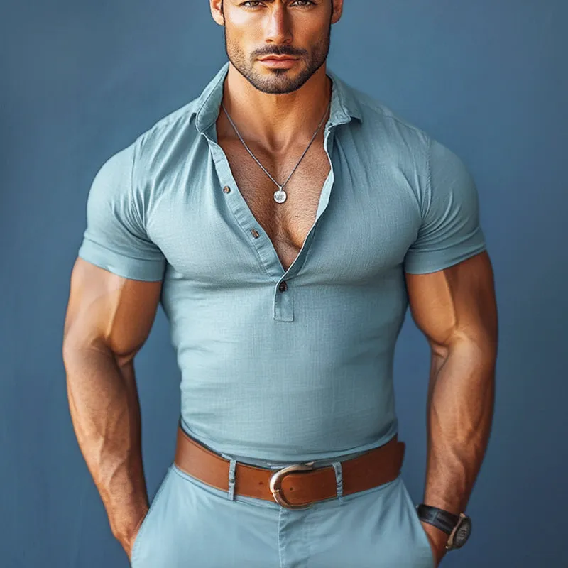 Men's Cotton and Linen Casual Lapel Short-sleeved Shirt 95739329X sold by Manly product image thumbnail 2