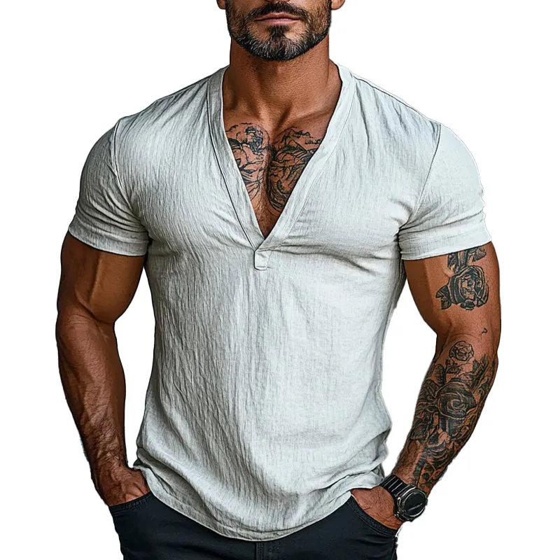Men's Solid Color V-neck Short-sleeved Cotton T-shirt 42809952X sold by Manly product image thumbnail 5