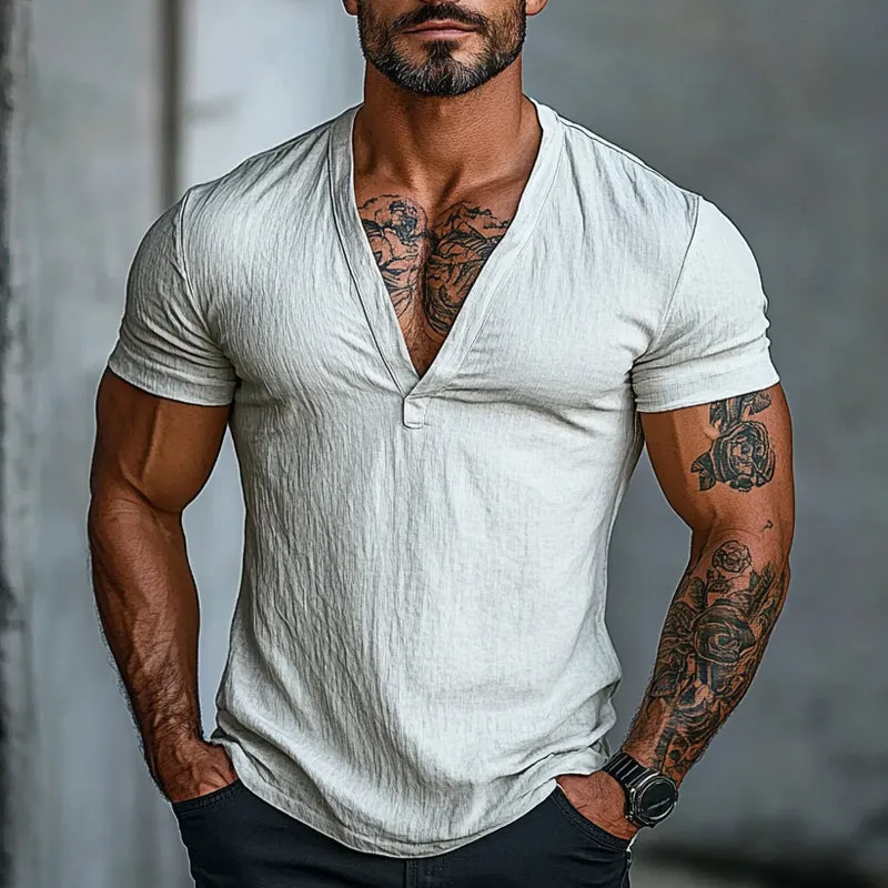 Men's Solid Color V-neck Short-sleeved Cotton T-shirt 42809952X sold by Manly product image thumbnail 2