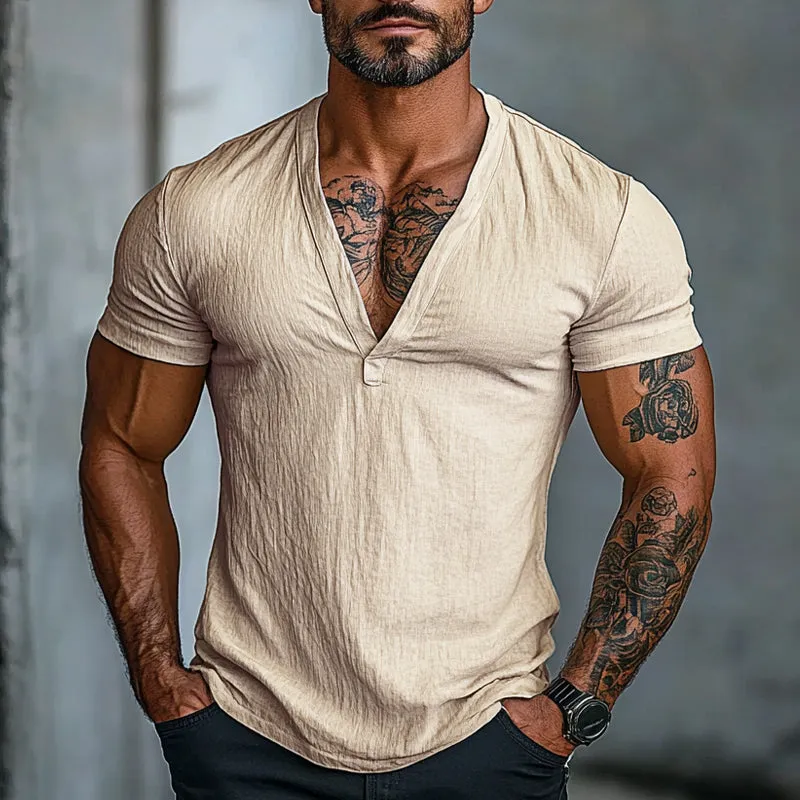 Men's Solid Color V-neck Short-sleeved Cotton T-shirt 42809952X sold by Manly product image thumbnail 3