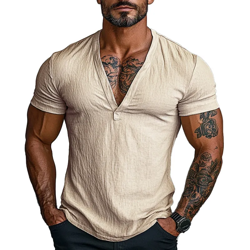 Men's Solid Color V-neck Short-sleeved Cotton T-shirt 42809952X sold by Manly product image thumbnail 4