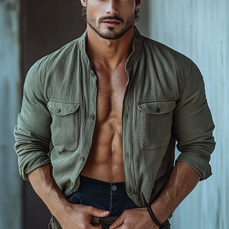 Men's Striped Textured Stand Collar Long Sleeve Shirt 79089166X sold by Manly product image thumbnail 2