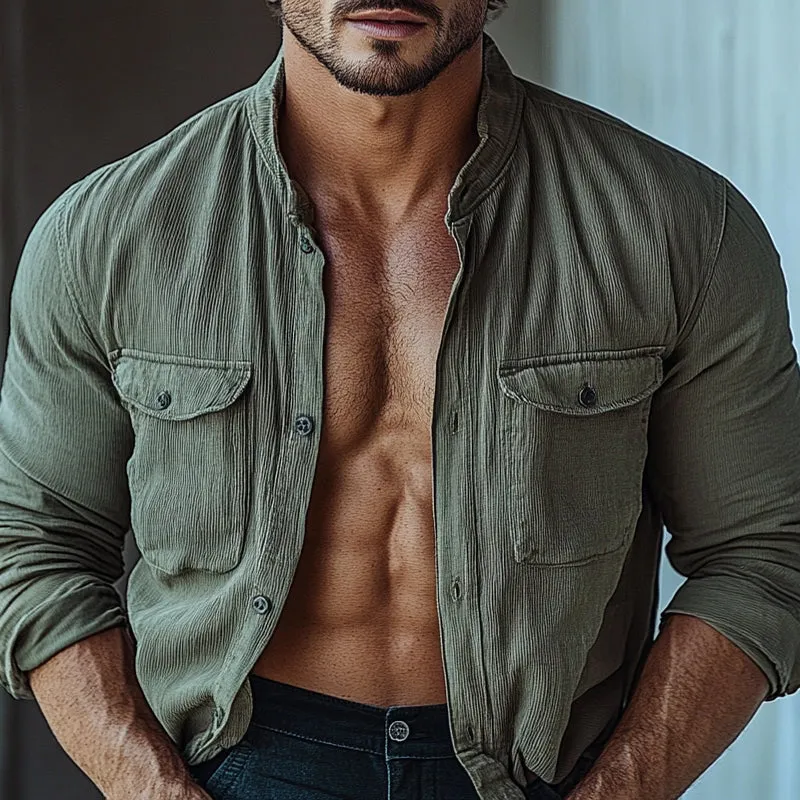 Men's Striped Textured Stand Collar Long Sleeve Shirt 79089166X sold by Manly product image thumbnail 3