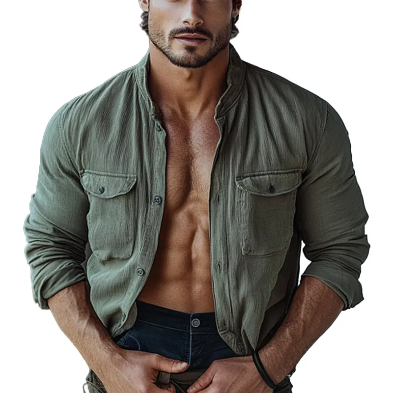 Men's Striped Textured Stand Collar Long Sleeve Shirt 79089166X sold by Manly