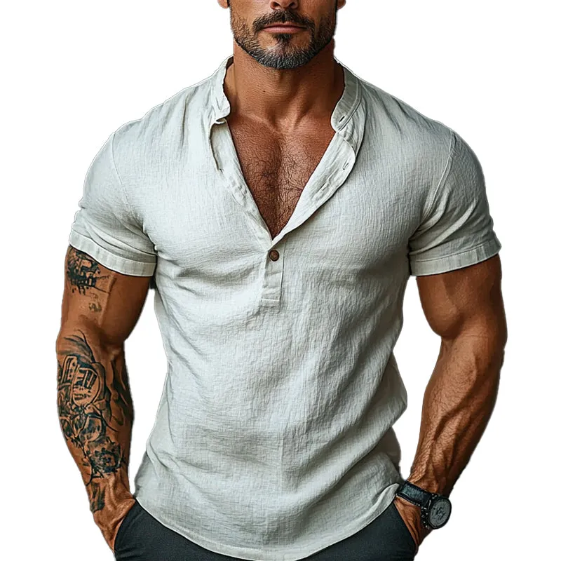 Men's Cotton Button Round Neck Pullover Short Sleeve T-Shirt 34305907X sold by Manly