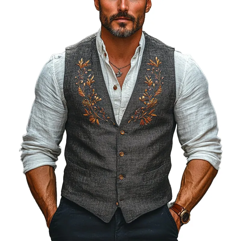 Men's Floral Embroidered V-neck Vest 73537096X sold by Manly