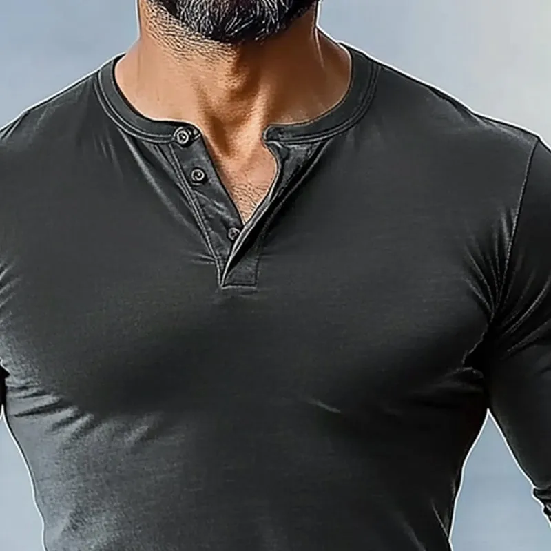 Men's Henley Collar Long Sleeve Solid Color T-Shirt 77446445X sold by Manly product image thumbnail 3
