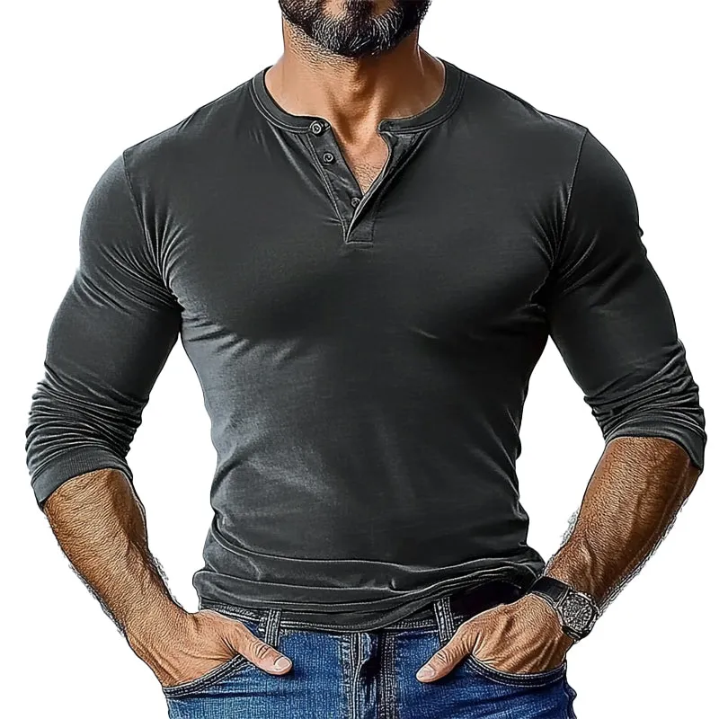 Men's Henley Collar Long Sleeve Solid Color T-Shirt 77446445X sold by Manly