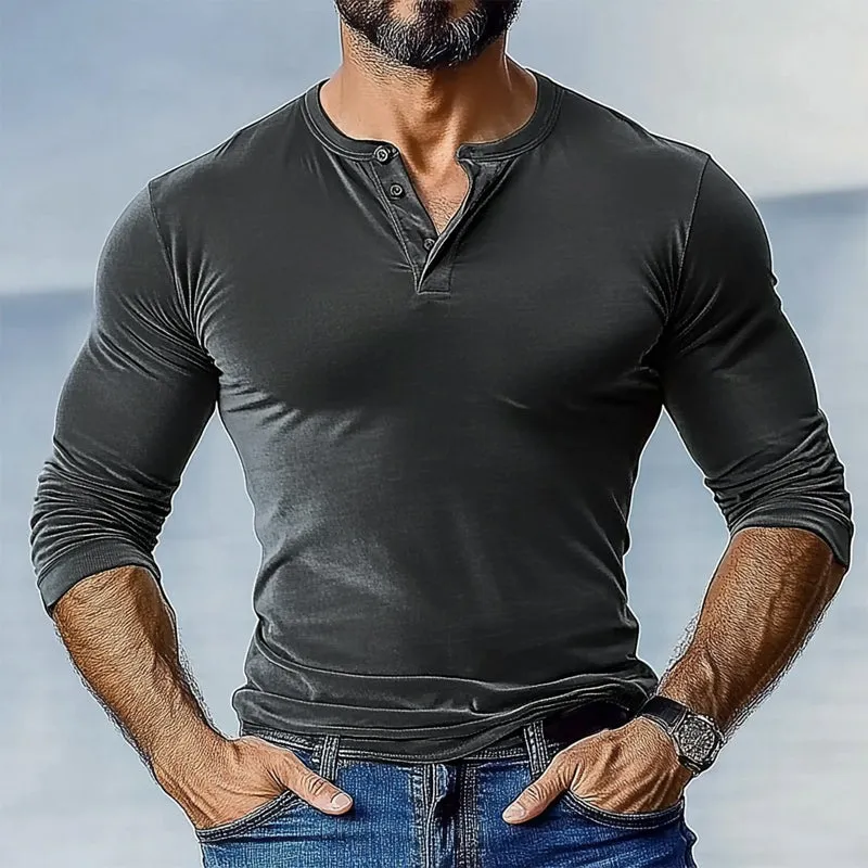 Men's Henley Collar Long Sleeve Solid Color T-Shirt 77446445X sold by Manly product image thumbnail 2