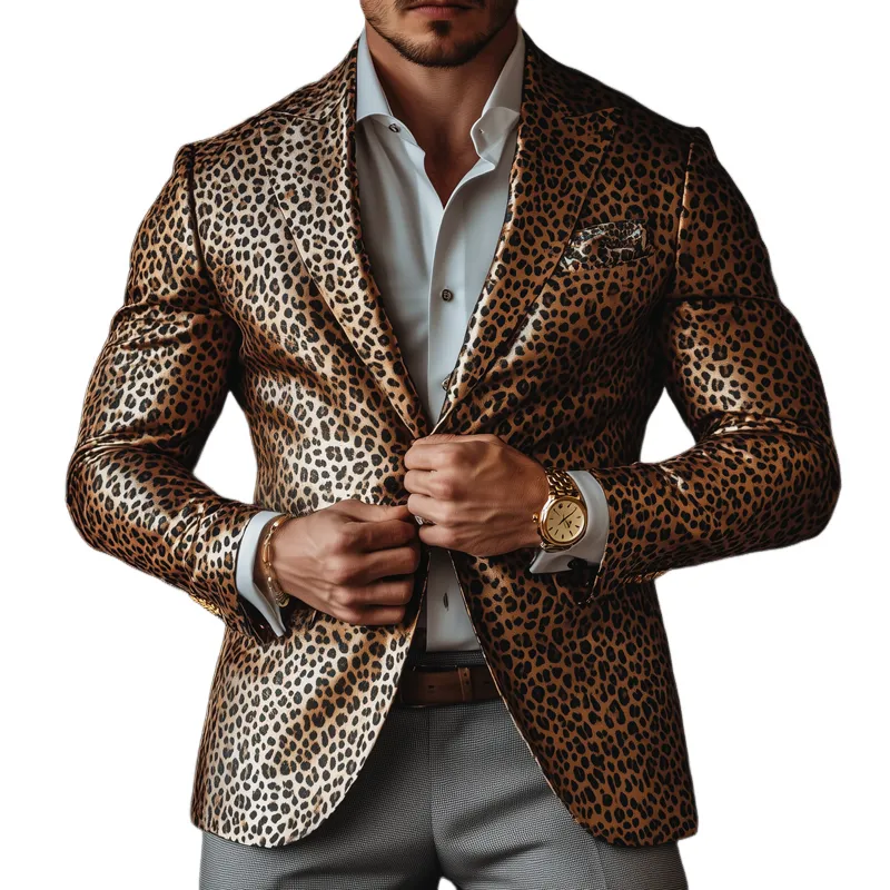 Men's Fashion Leopard Satin Peak Lapel Two Buttons Blazer 71155305Z sold by Manly