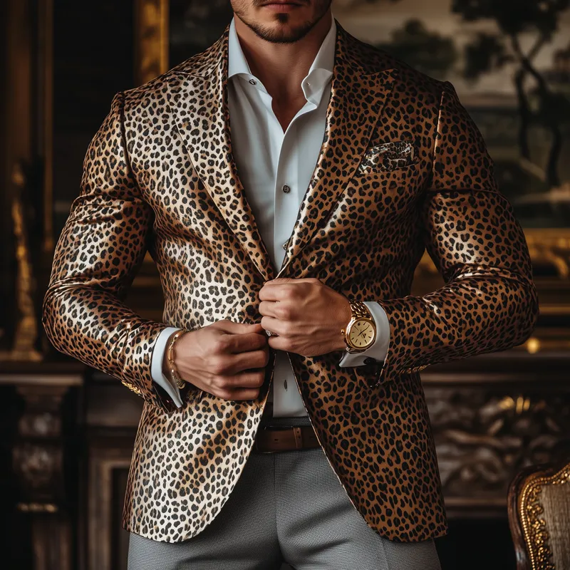 Men's Fashion Leopard Satin Peak Lapel Two Buttons Blazer 71155305Z sold by Manly product image thumbnail 2
