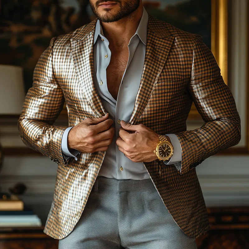 Men's Fashion Plaid Satin Peak Lapel Two-Button Blazer 05880285Z sold by Manly product image thumbnail 2