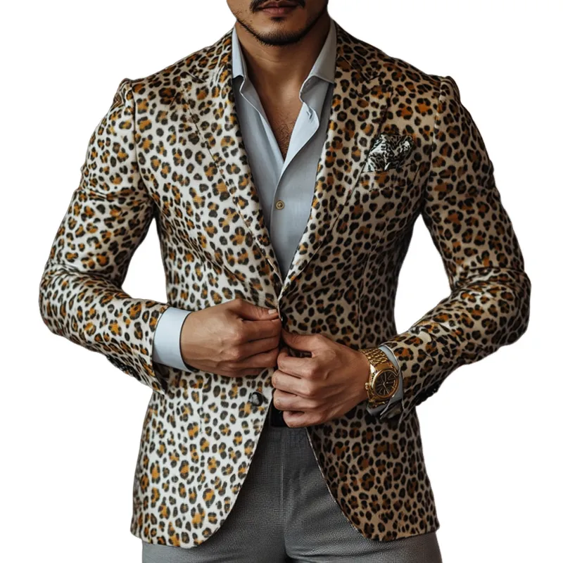 Men's Fashion Leopard Satin Peak Lapel Two Buttons Blazer 46728372Z sold by Manly